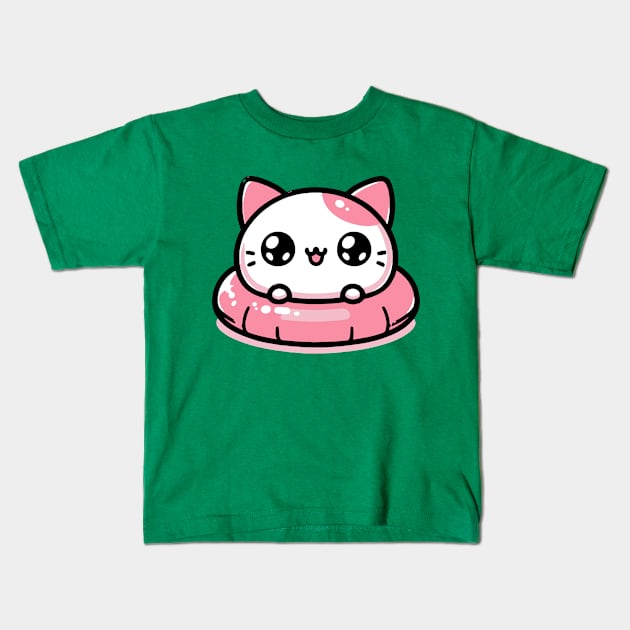 Kawaii Cat on a Pool Float Kids T-Shirt by Mey Designs